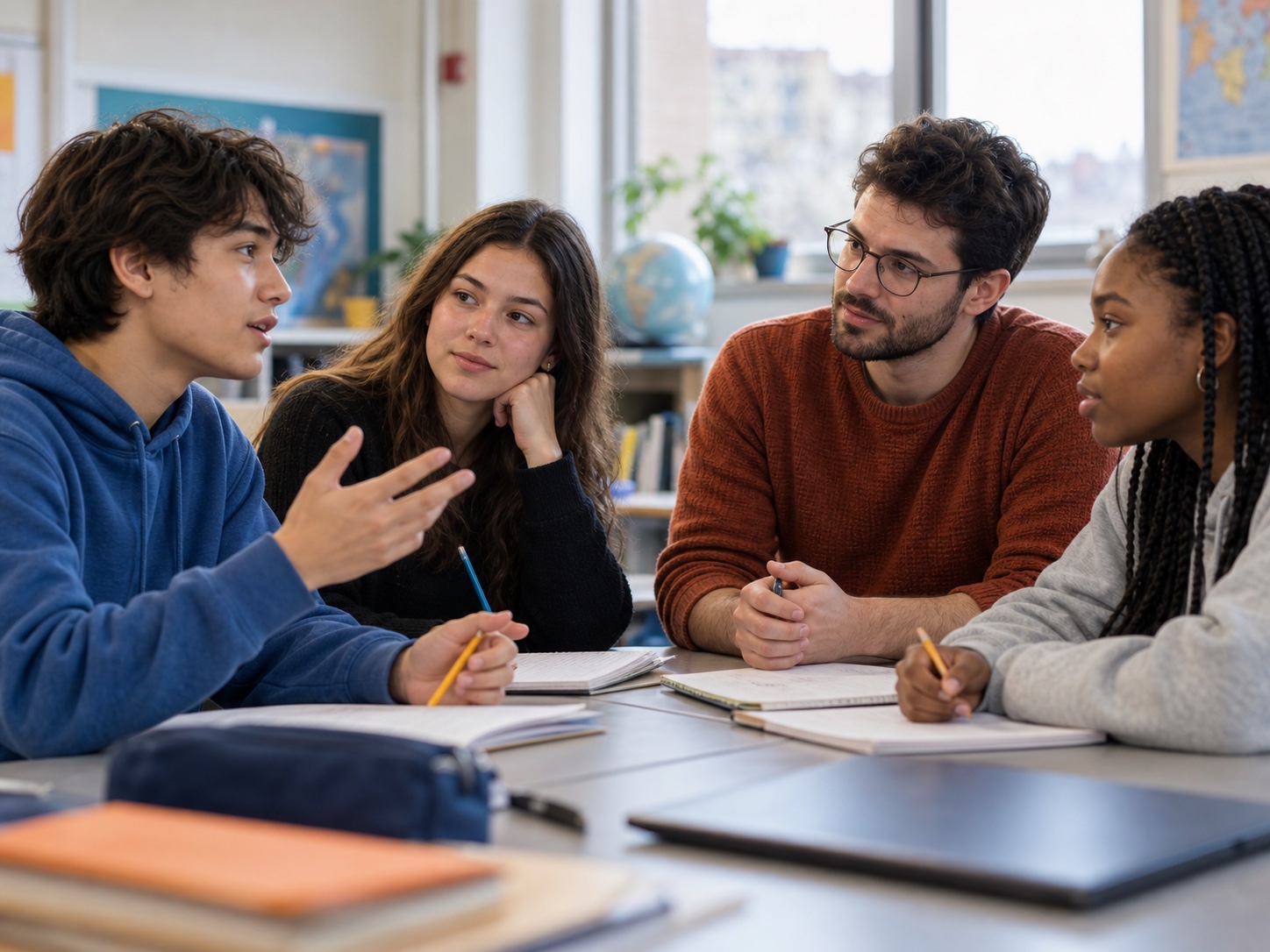 Illustrative classroom scene of three teenagers discussing a question with a science outreach facilitator